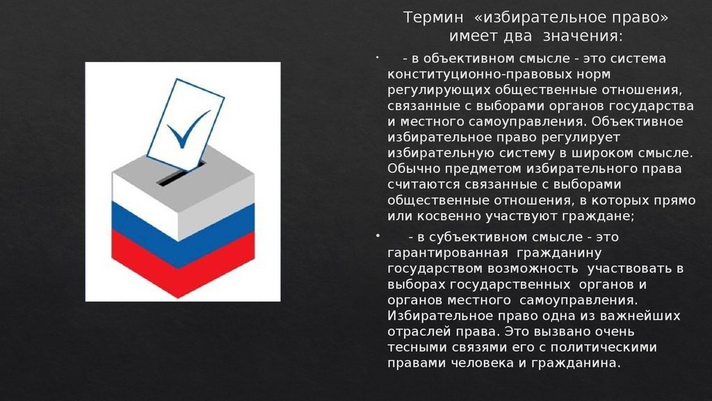 Избирательное право год. Объективное избирательное право. Термины по избирательному праву. Избирательное право это два значения. Термин из избирательного права.