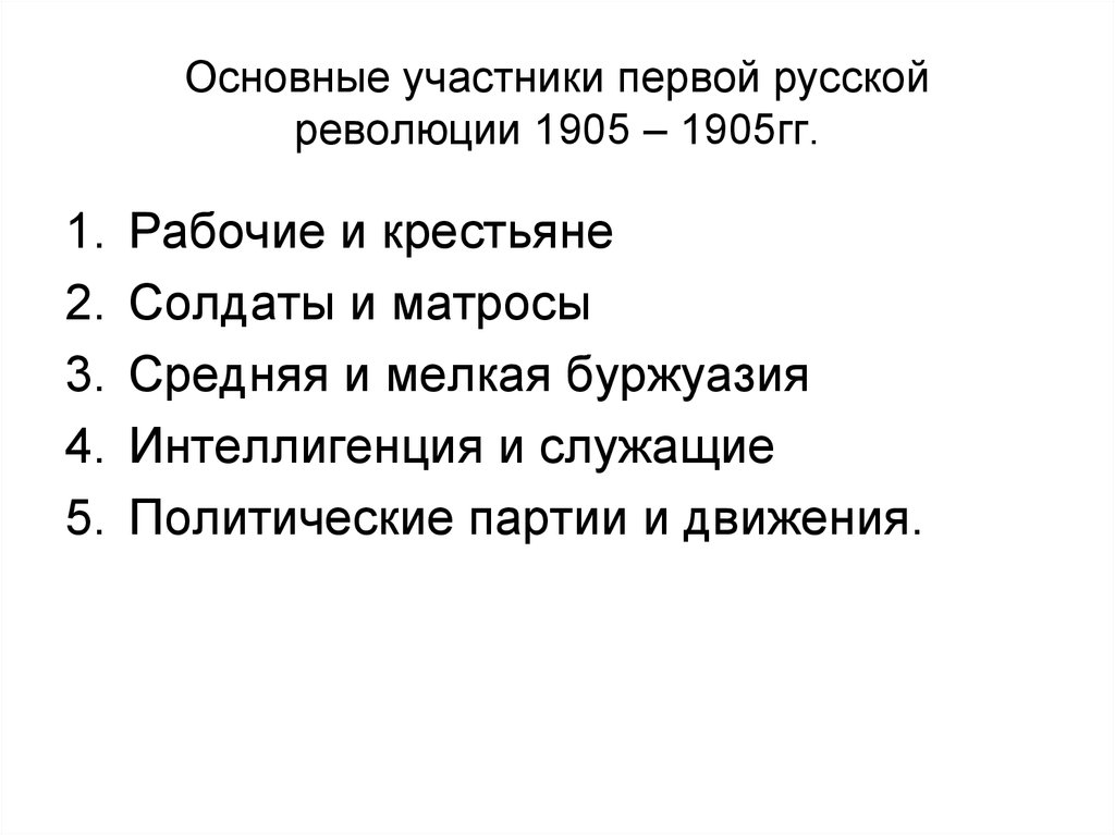 Основные участники первой русской революции 1905 – 1905гг.