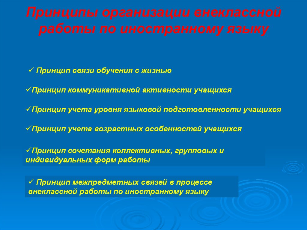 Языковой принцип. Принципы организации внеклассной работы. Принципы организации внеклассной работы по иностранному языку. Внеклассная работа по иностранному языку. Принцип обучения связь обучения с жизнью.