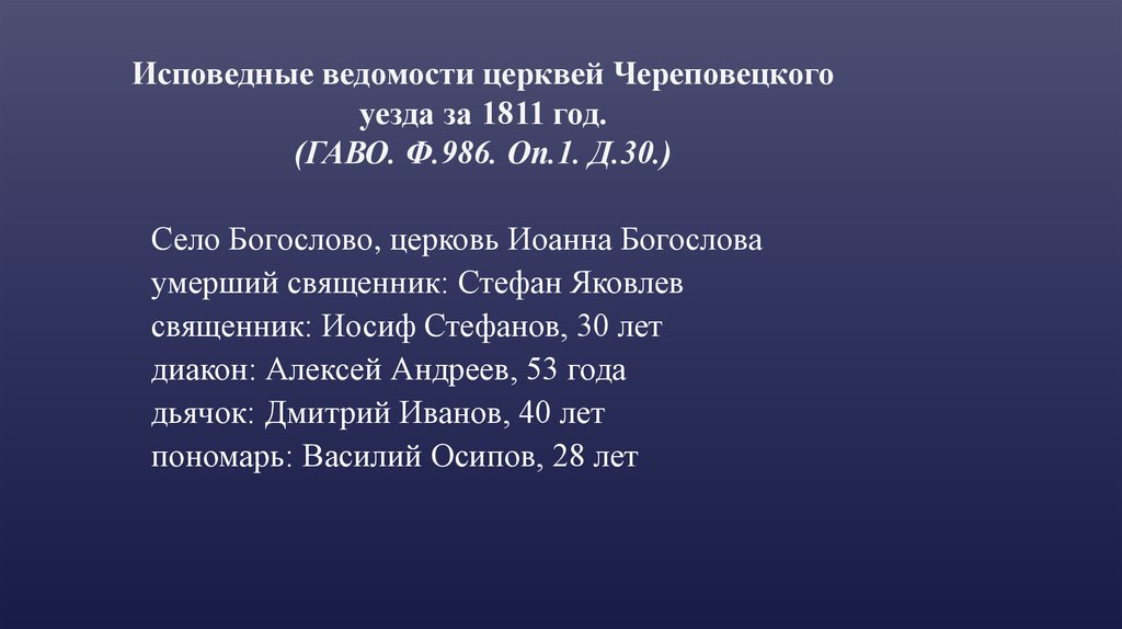 Исповедные ведомости церквей Череповецкого уезда за 1811 год. (ГАВО. Ф.986. Оп.1. Д.30.)