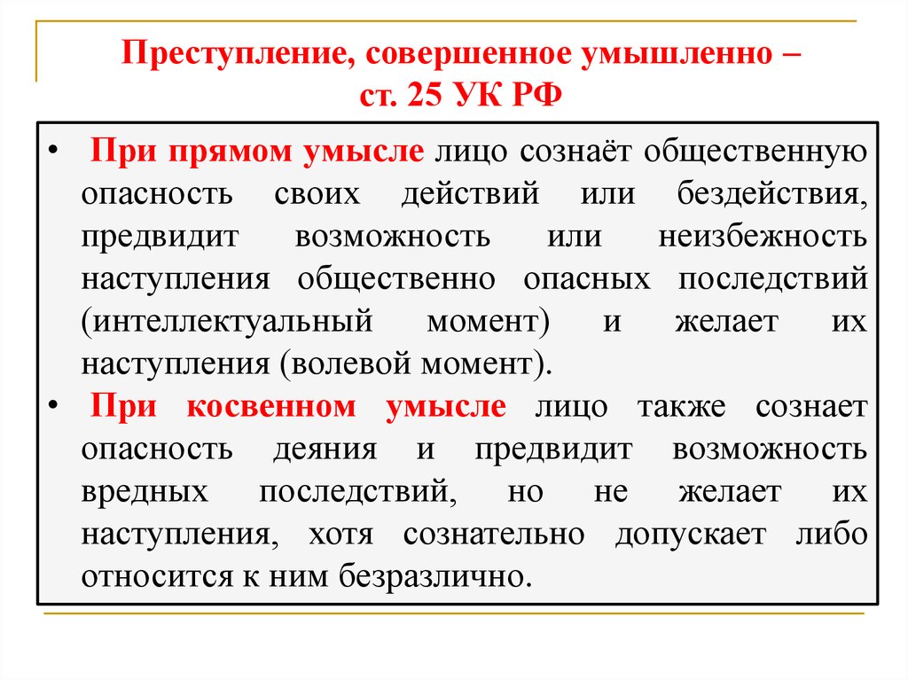 Интеллектуальный момент прямого умысла. Ст 25 УК.