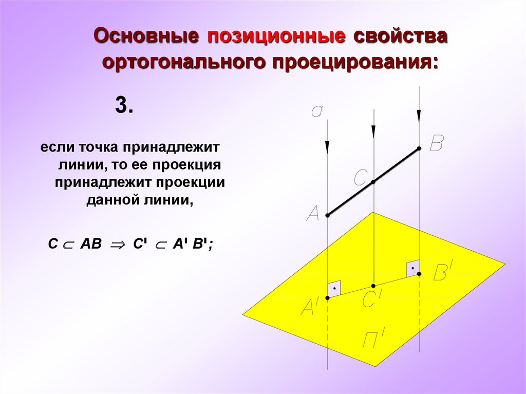 Основные позиционные свойства ортогонального проецирования:
