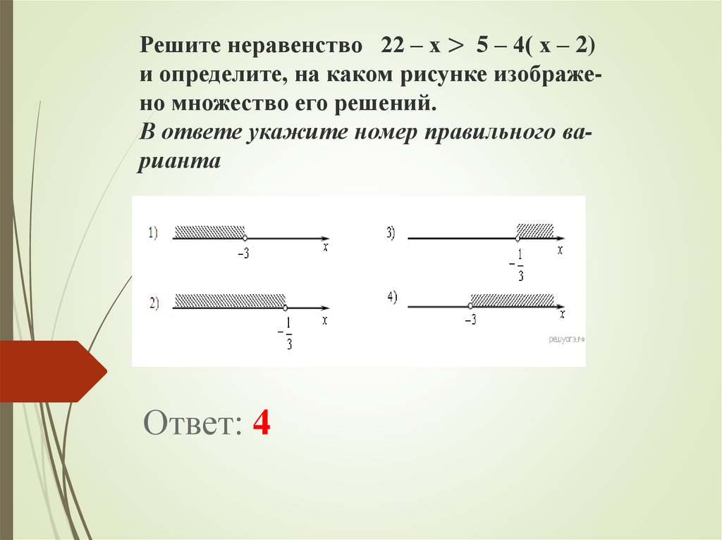 Ре­ши­те не­ра­вен­ство 22 – х > 5 – 4( х – 2) и опре­де­ли­те, на каком ри­сун­ке изоб­ра­же­но мно­же­ство его ре­ше­ний. В