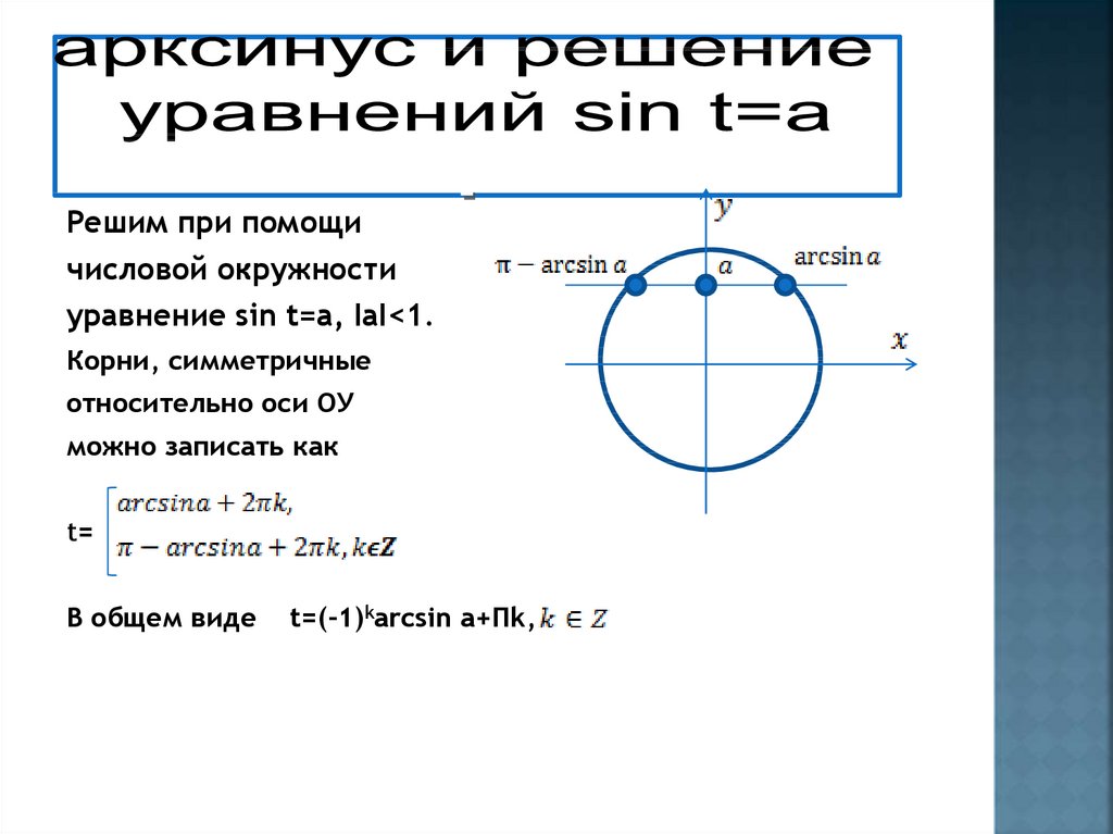 Решение уравнения sin 1 a. Тригонометрические уравнения арксинус. Арксинус на окружности. Решение уравнений с синусом. Решение уравнений с арксинусом.