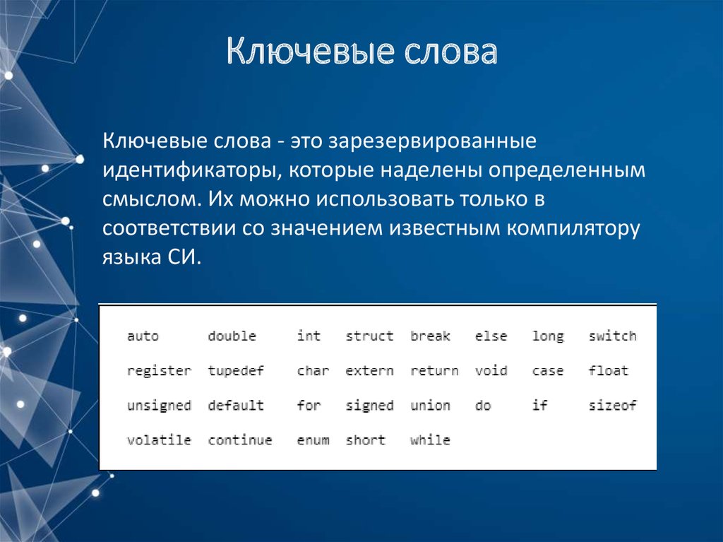 Известны значения. Ключевые слова языка си. Зарезервированные идентификаторы которые. Идентификаторы языка си. Идентификаторы и зарезервированные слова.