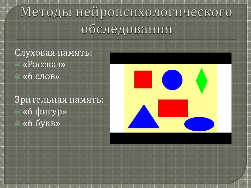 Фигуры памяти. Зрительная память Нейропсихологическая диагностика. Методики нейропсихологического обследования памяти. Зрительная методика 6 фигур. Нарушение зрительной памяти.