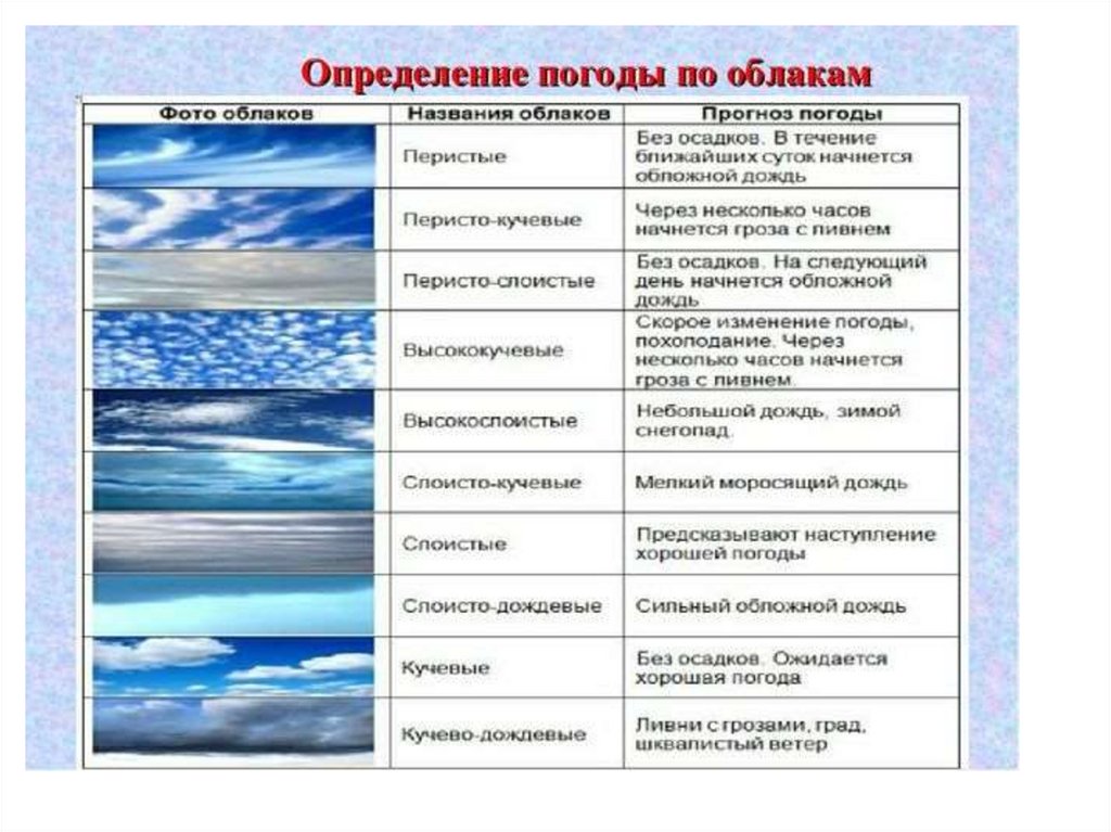 Облака осадки виды. Виды облаков. Как определить погоду. Как определить погоду по облакам. Названия и форма облачности.