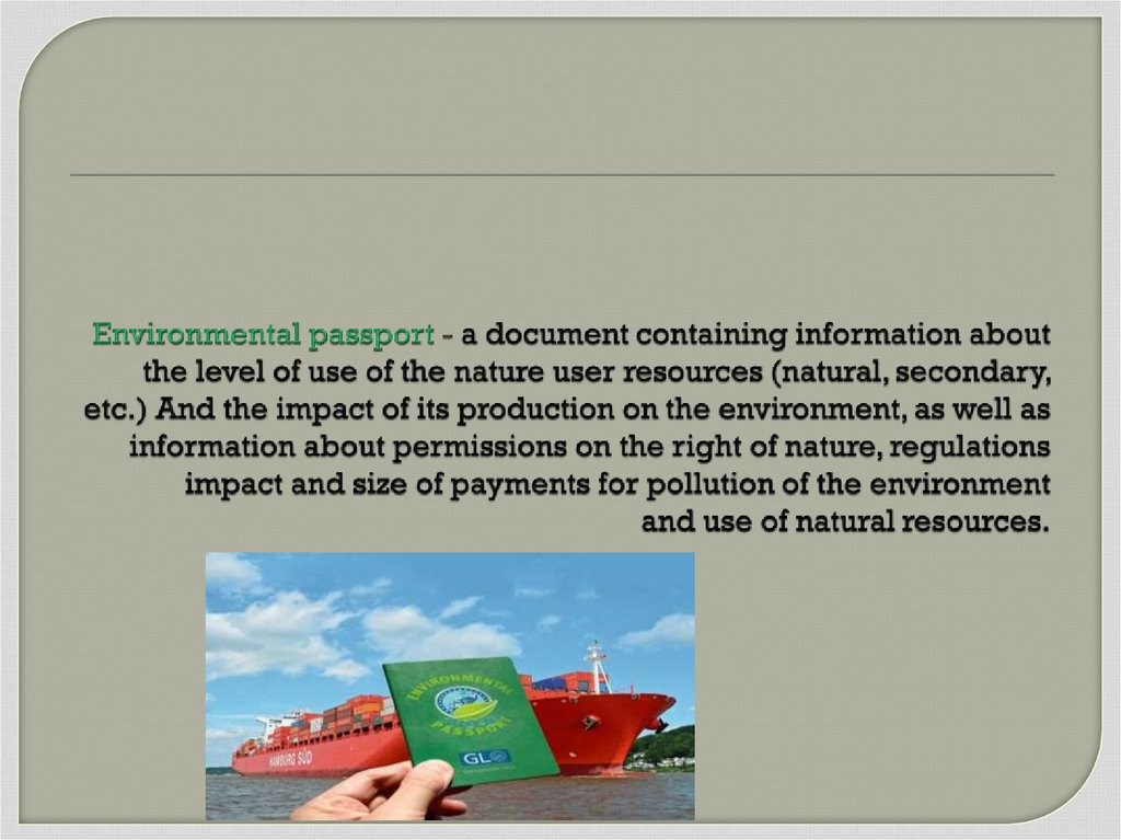 Environmental passport - a document containing information about the level of use of the nature user resources (natural,