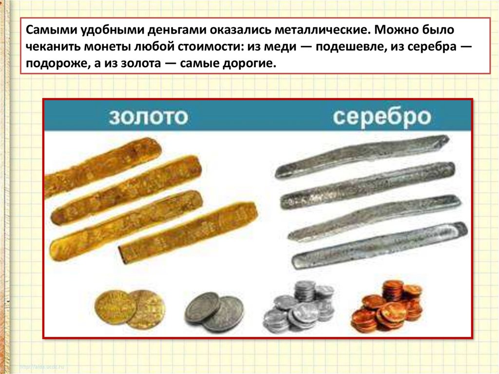 Ценились на вес золота. Металлические деньги золотые и серебряные. Самым удобным оказались металлические деньги. Золотые железные серебряные и медные монеты. Серебро дороже золота.