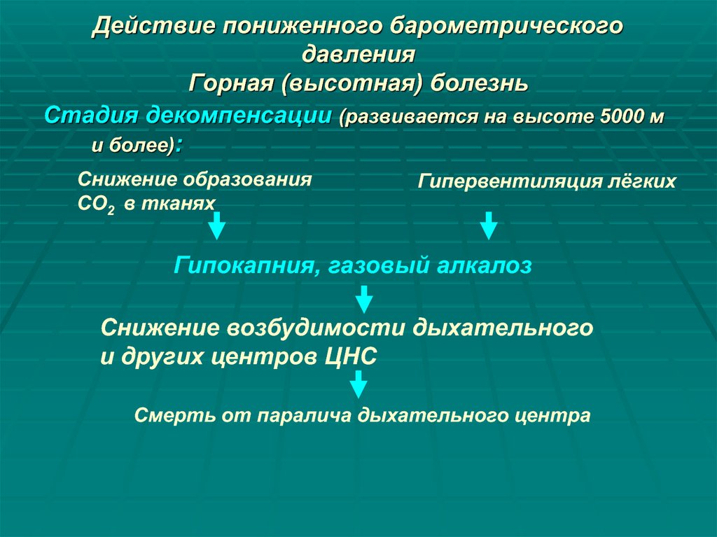 Стадии больного. Влияние пониженного барометрического давления. Стадии горной болезни. Механизм развития горной болезни. Стадия декомпенсации горной болезни.