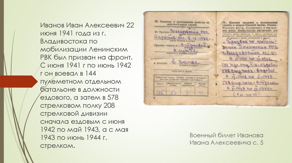 Иванов Иван Алексеевич 22 июня 1941 года из г. Владивостока по мобилизации Ленинским РВК был призван на фронт. С июня 1941 г по