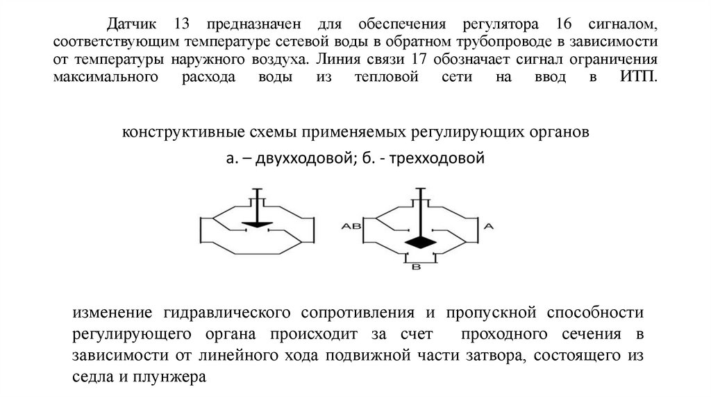 Датчик 13 предназначен для обеспечения регулятора 16 сигналом, соответствующим температуре сетевой воды в обратном трубопроводе