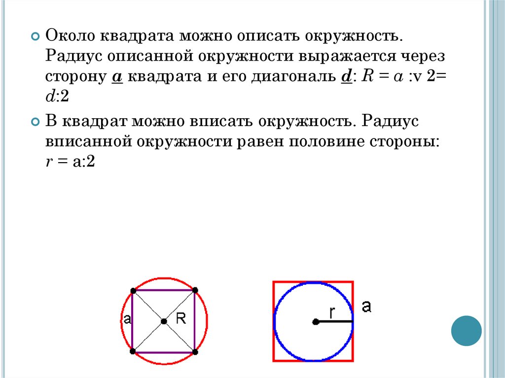 Квадрат описан вокруг окружности радиусом 14. Свойства квадрата описанного около окружности.