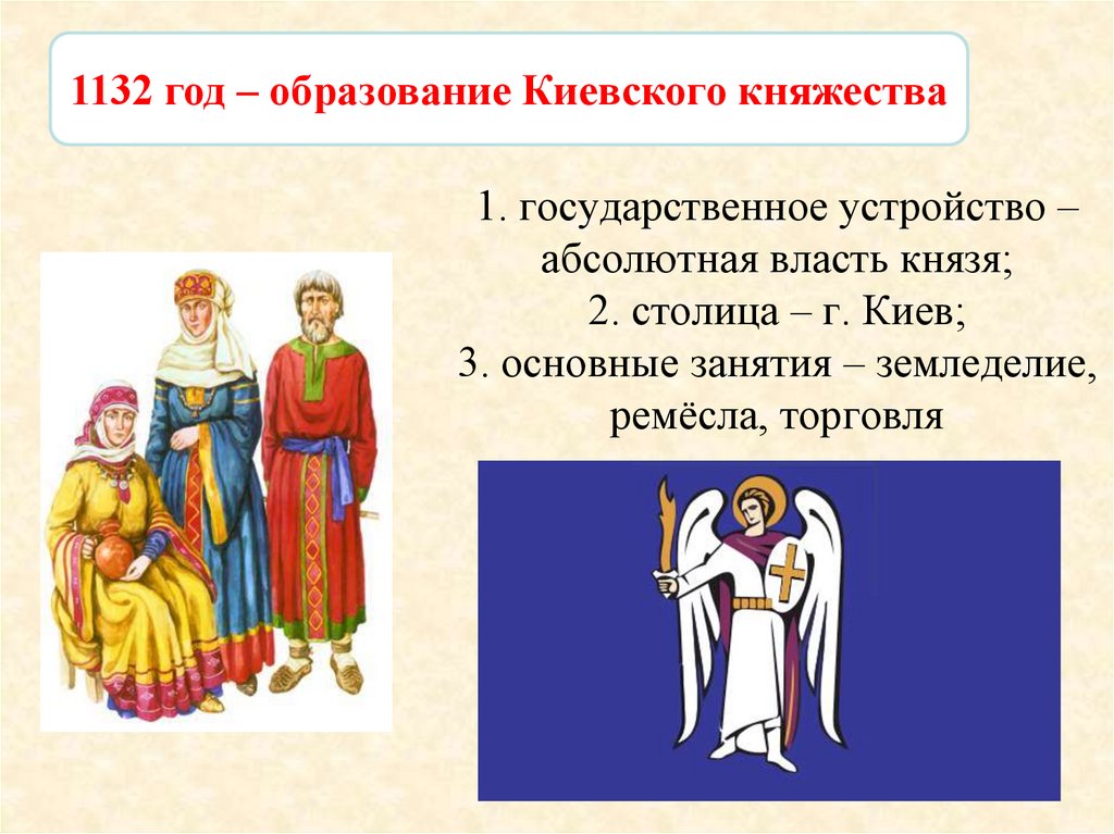 1. государственное устройство – абсолютная власть князя; 2. столица – г. Киев; 3. основные занятия – земледелие, ремёсла,