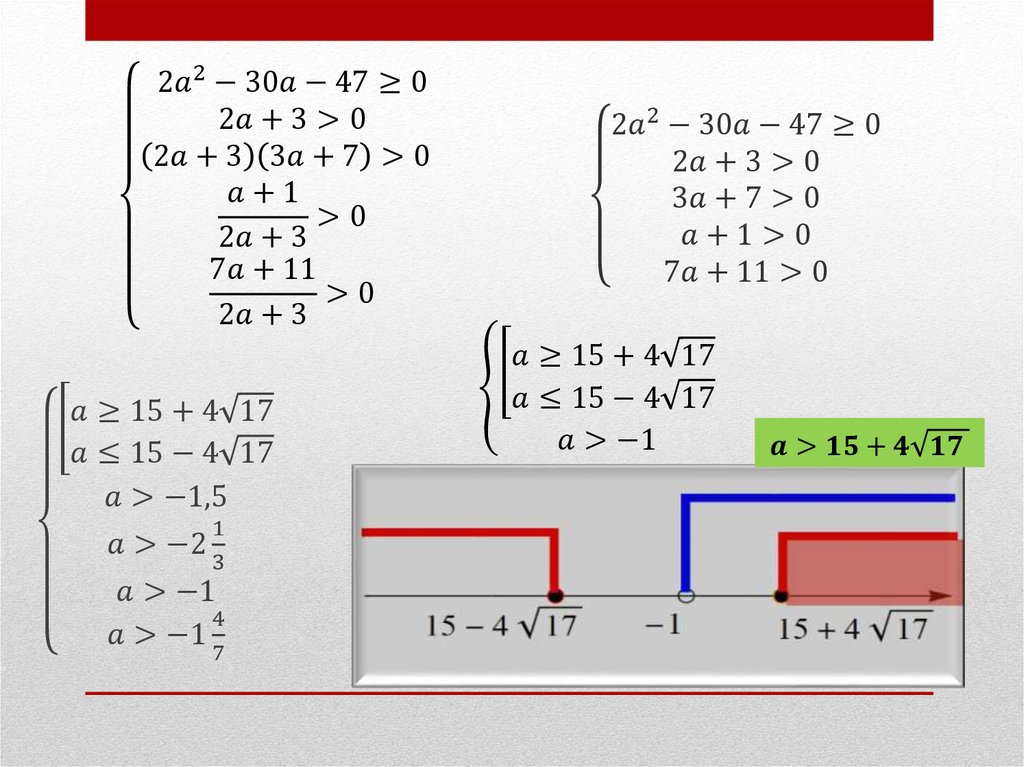 {█(2a^2-30a-47≥0@2a+3>0@(2a+3)(3a+7)>0 @(a+1)/(2a+3)>0@(7a+11)/(2a+3)>0) {█(2a^2-30a-47≥0@2a+3>0@3a+7>0@a+1>0@7a+11>0)┤┤