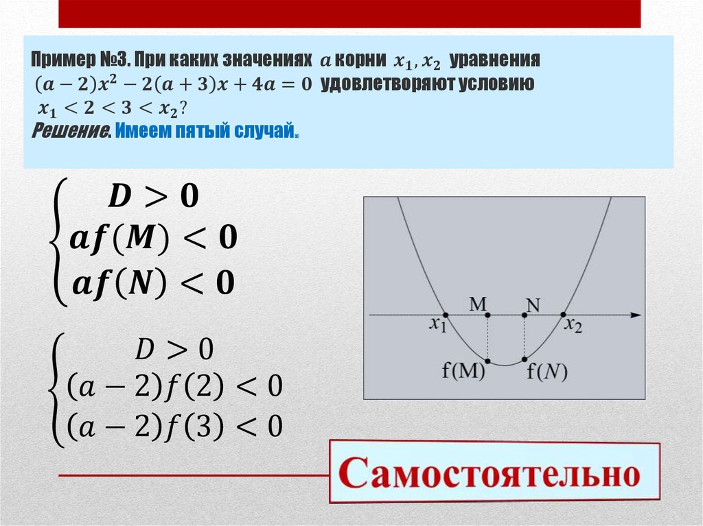 Пример №3. При каких значениях a корни x_1, x_2 уравнения (a-2) x^2-2(a+3)x+4a=0 удовлетворяют условию x_1<2<3<x_2? Решение.