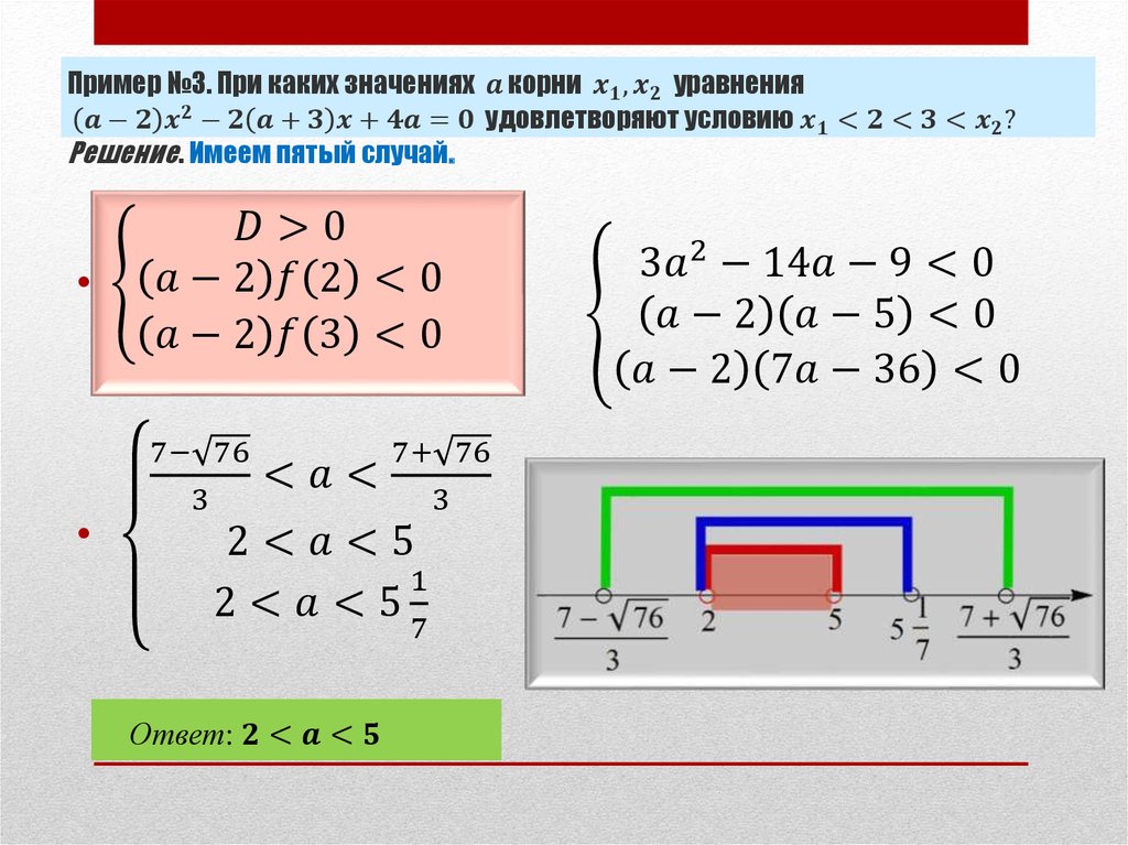 Пример №3. При каких значениях a корни x_1, x_2 уравнения (a-2) x^2-2(a+3)x+4a=0 удовлетворяют условию x_1<2<3<x_2? Решение.