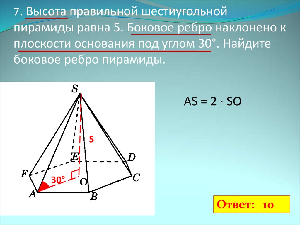 Высота правильной шестиугольной пирамиды.