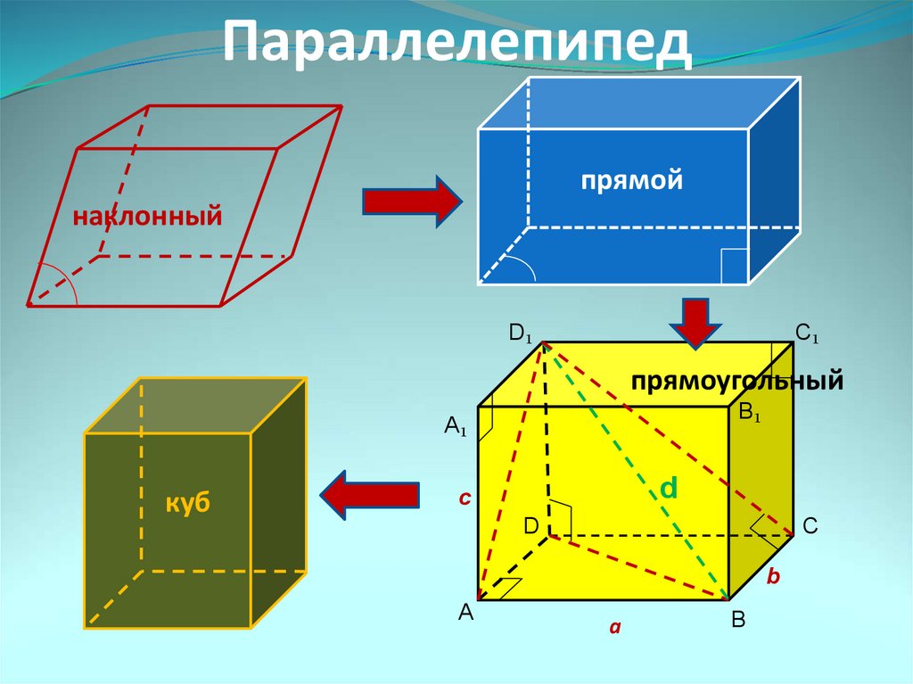 Прямоугольные и т д. Параллелепипед прямой и прямоугольный и куб. Прямой и наклонный параллелепипед. Прямой наклонный и прямоугольный параллелепипед. Призма-параллелепипед в стереометрии.