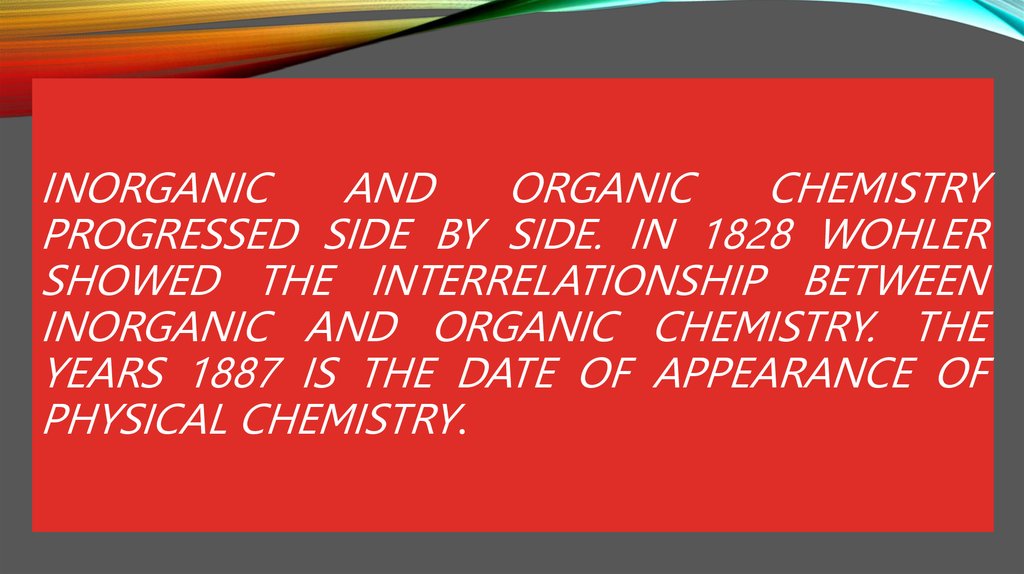 Inorganic and organic chemistry progressed side by side. In 1828 Wohler showed the interrelationship between inorganic and