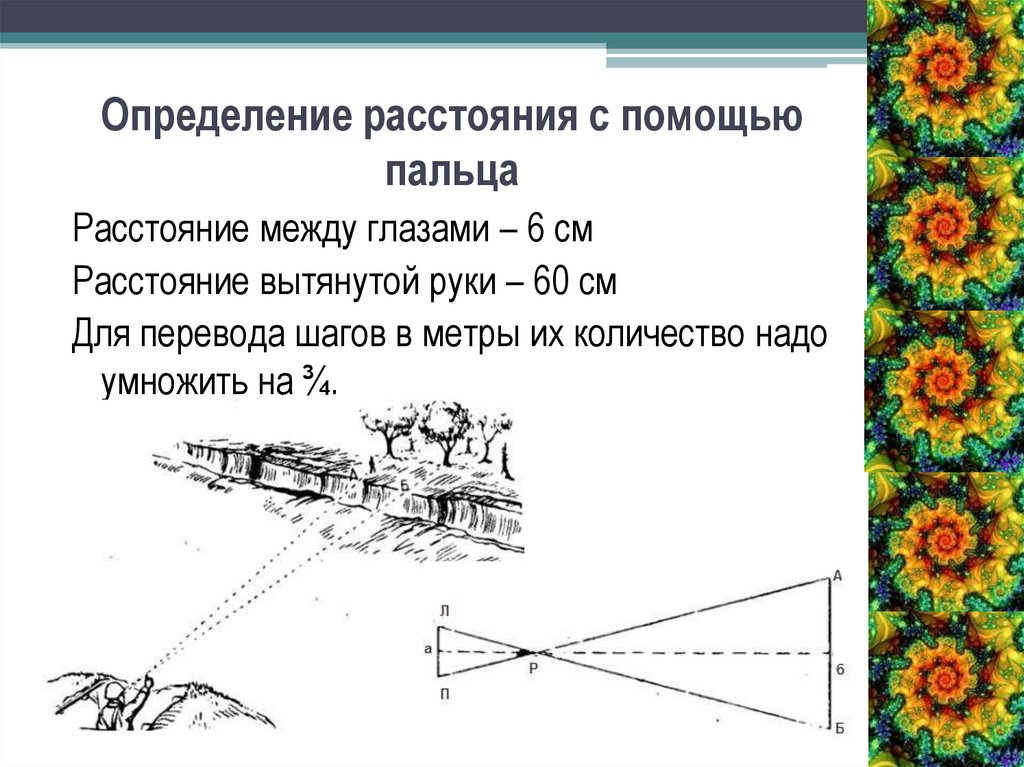 Объясните с помощью рисунка. Определение расстояния по пальцу. Измерение расстояния до объекта. Определение расстояния на глаз. Как определить расстояние до объекта.