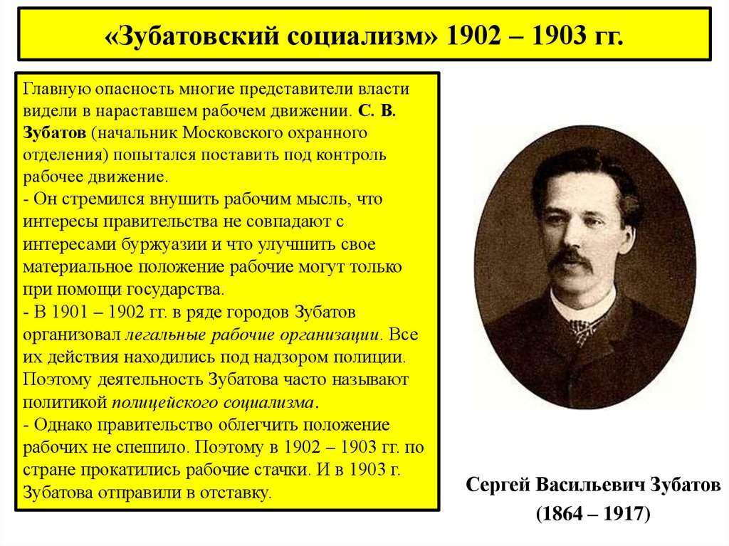 Рабочие организации зубатова. Зубатовский социализм кратко 1902. Зубатов при Николае 2. Зубатов 1903.
