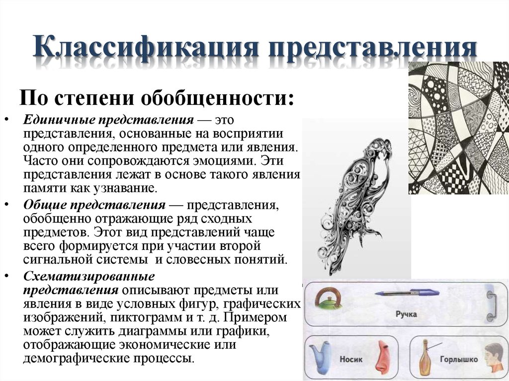 Классификация представлений. Классификация представлений в психологии. Представления по степени обобщенности. Классификация представлений по степени обобщенности.