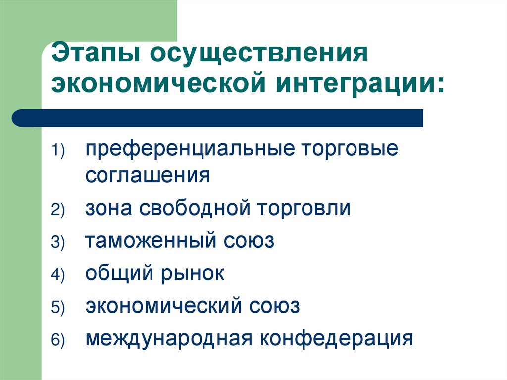 Международный этап. Этапы развития международной экономической интеграции. Формы и этапы международной экономической интеграции. Ступени экономической интеграции. Последовательность этапов экономической интеграции.