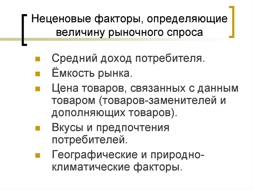 Величина рынка. Неценовые факторы рыночного спроса. Факторы определяющие величину спроса. Неценовые факторы рынка. Факторы определяющие величину предложения.