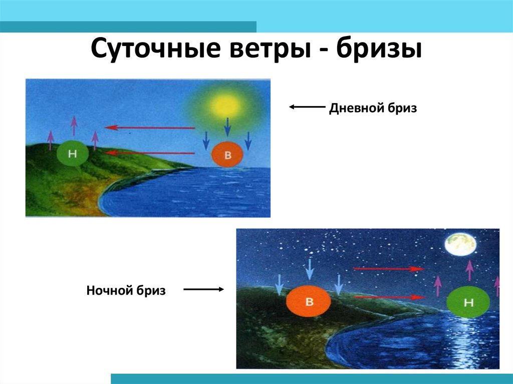 Подпишите на каком рисунке показан дневной бриз а на каком ночной