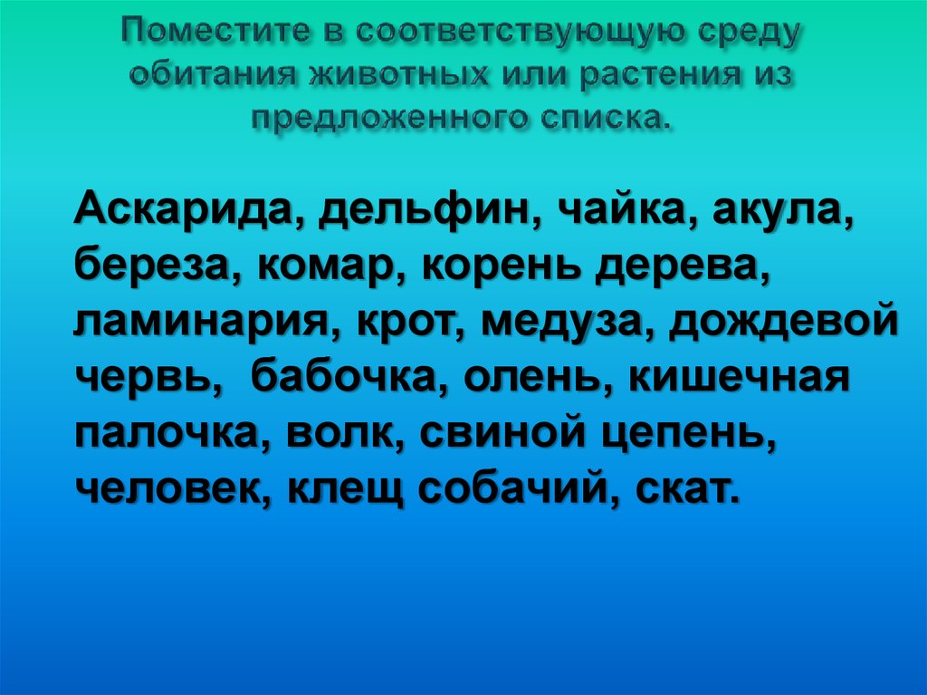 Соответствующая среда. Поместите в соответствующую среду обитания животных. Аскарида Дельфин Чайка страус акула береза. Соответствующий окружению.