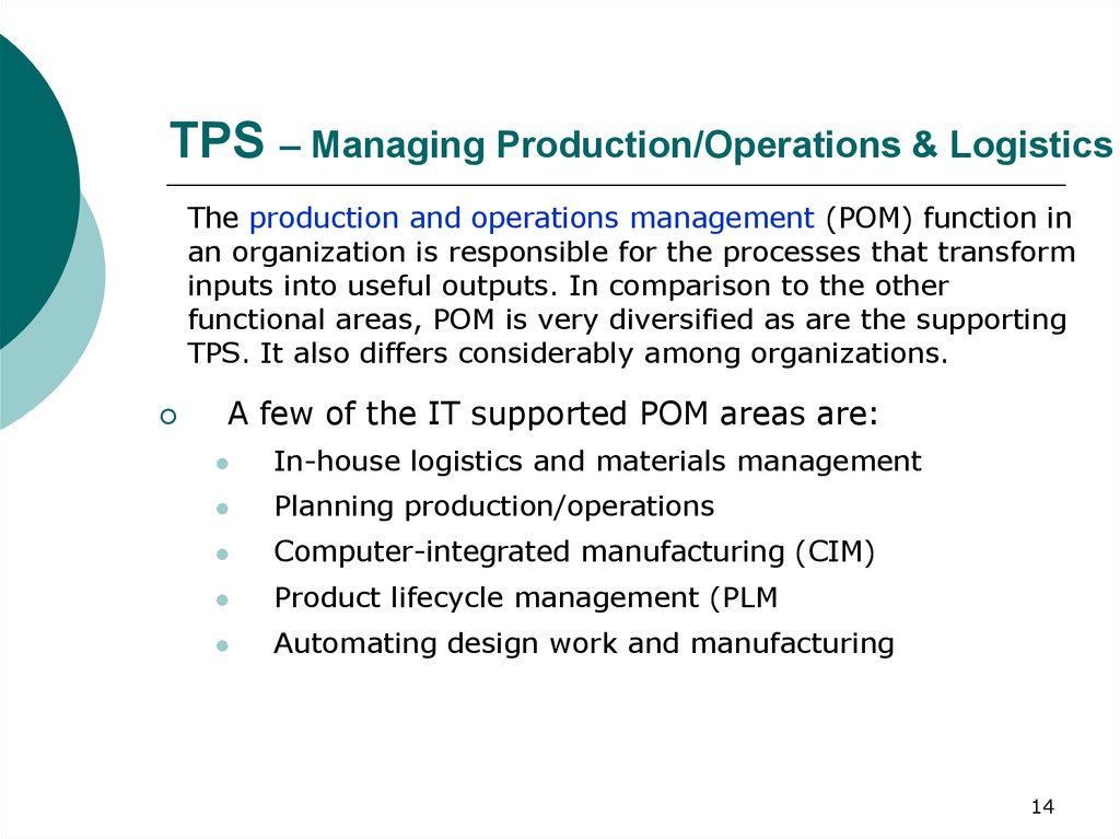 TPS – Managing Production/Operations & Logistics