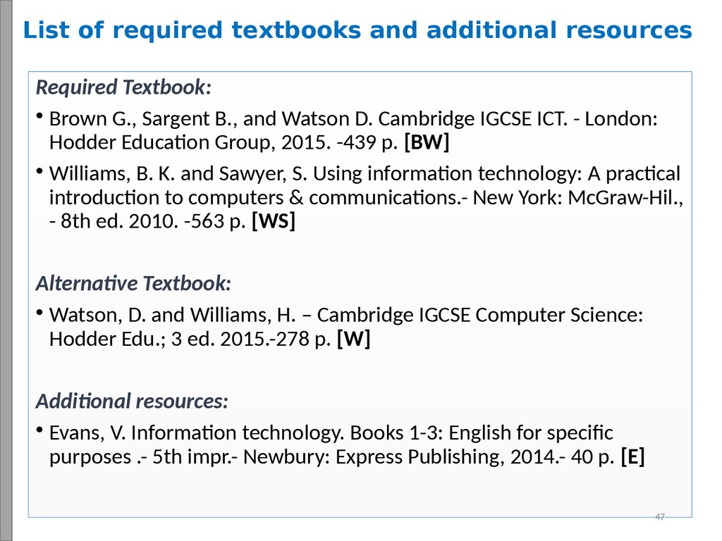 List of required textbooks and additional resources