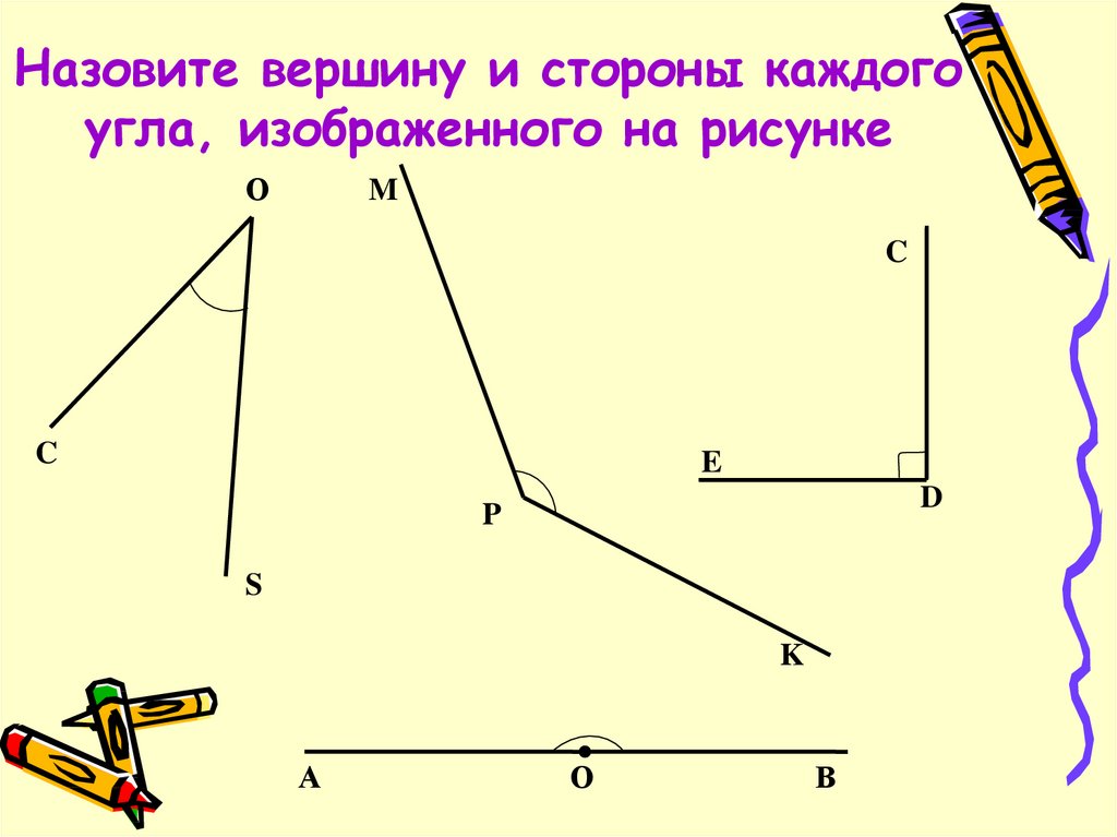 На рисунке изображены прямые углы. Назовите углы изображенные на рисунке. На каждом углу. Назовите вершину угла. Назовите стороны углов и вершины.