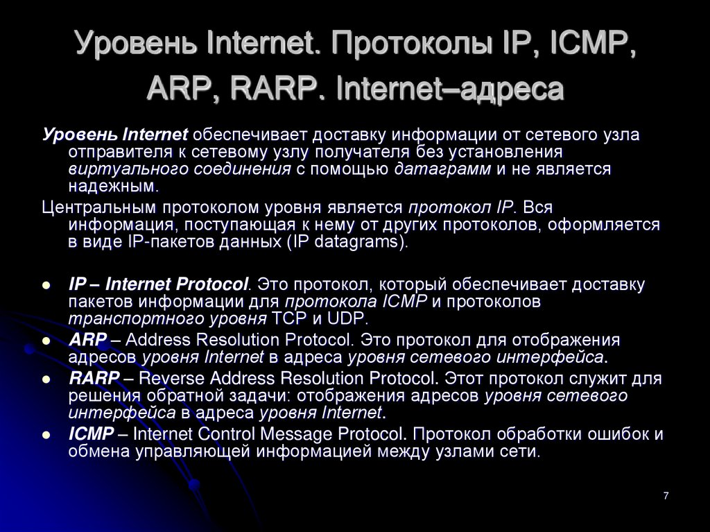 Уровень Internet. Протоколы IP, ICMP, ARP, RARP. Internet–адреса