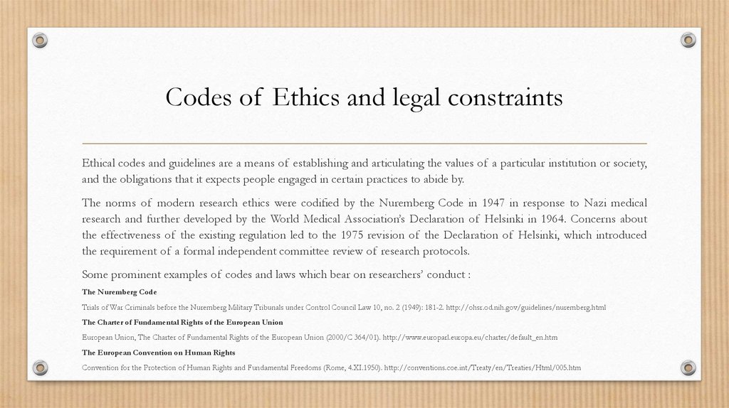 Codes of Ethics and legal constraints