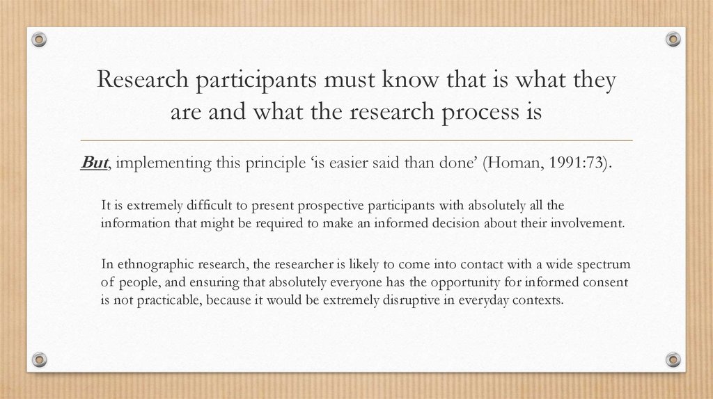 Research participants must know that is what they are and what the research process is