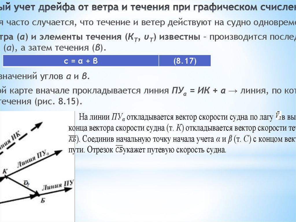 Учет течения. Учет дрейфа и течения. Учёт течения при графическом счислении. Совместный учет дрейфа и течения. Учет ветра и течения при прокладке.