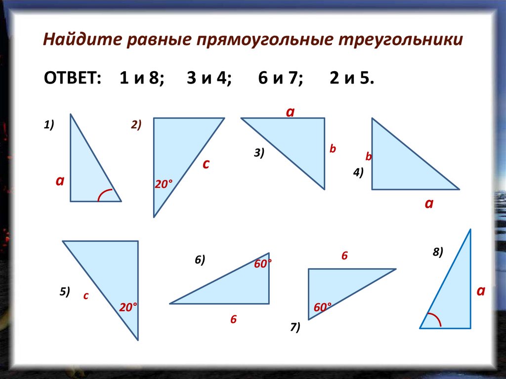 Выбери все прямоугольные треугольники 1. Прямоугольный треугольник. Найти равные прямоугольные треугольники. Найдите равные треугольники. Найди равные прямоугольные треугольники..