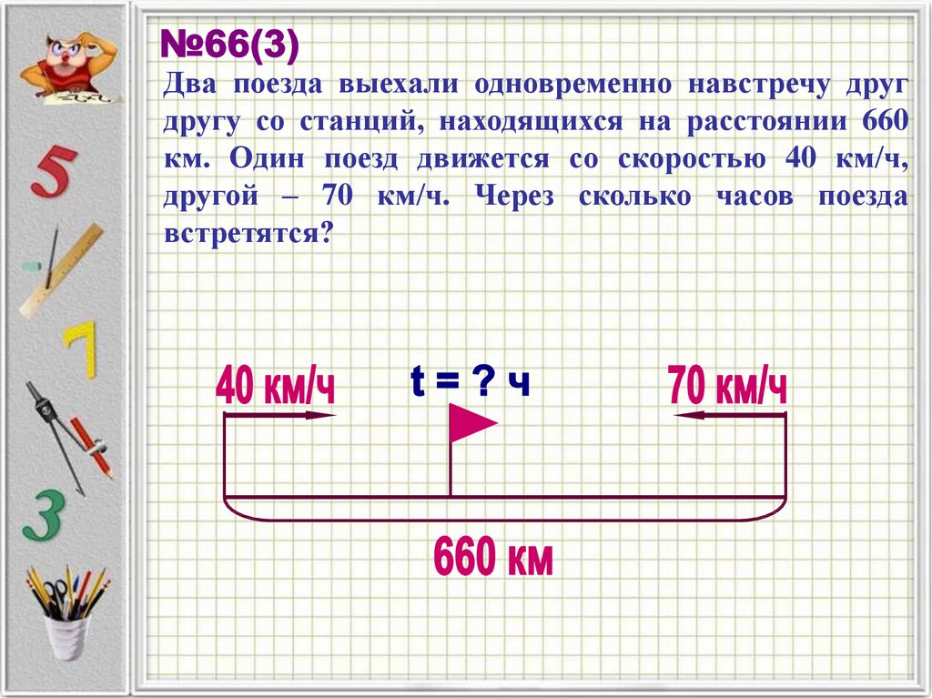 Рассмотрите схему движения двух поездов которые одновременно отправились из городов а и в 2 способ