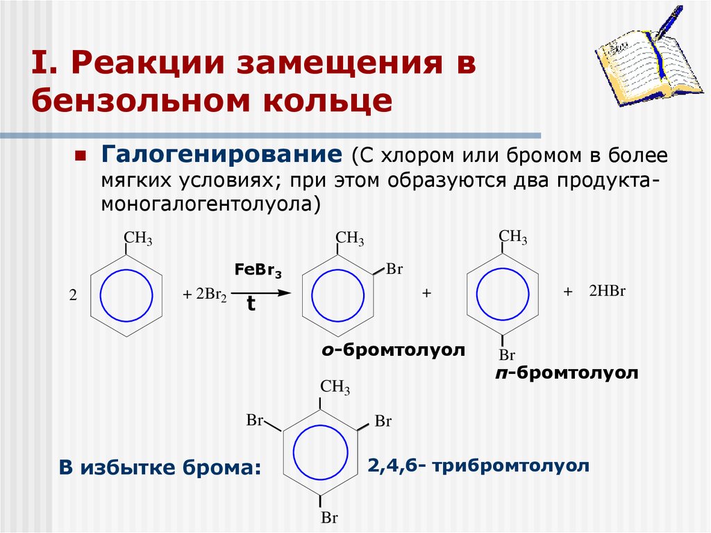 Толуол и водород реакция. Реакция галогенирования толуола в бензольное кольцо:. Бензольное кольцо химические реакции. Бензол и гомологи бензола химические свойства. Химические свойства бензола реакция замещения.
