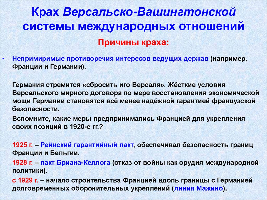 Какие цели легли в основу внешней. Причины краха Версальско-вашингтонской системы. Крах Версальско-вашингтонской системы международных отношений. Причины крушения Версальско-вашингтонской системы. Причины кризиса Версальско-вашингтонской системы.