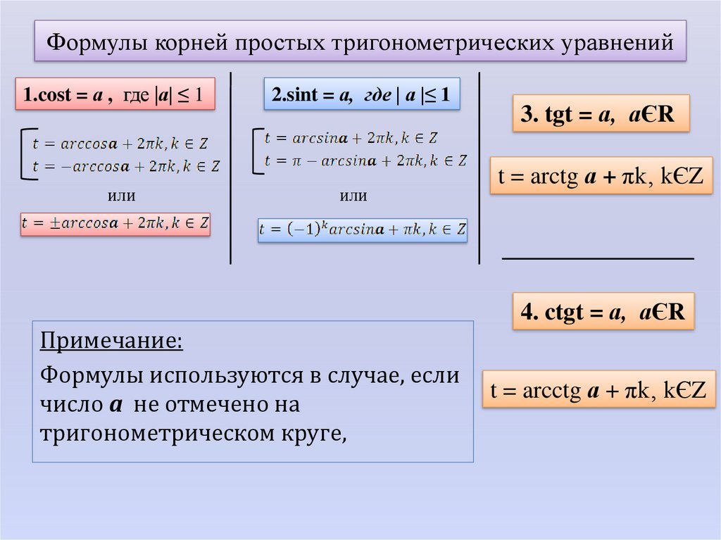 Корни тригонометрических уравнений. Формулы корней тригонометрических уравнений. Простейшие тригонометрические уравнения формулы. Формулы нахождения корней тригонометрических уравнений. Формулы корней тригонометрических уравнений таблица.