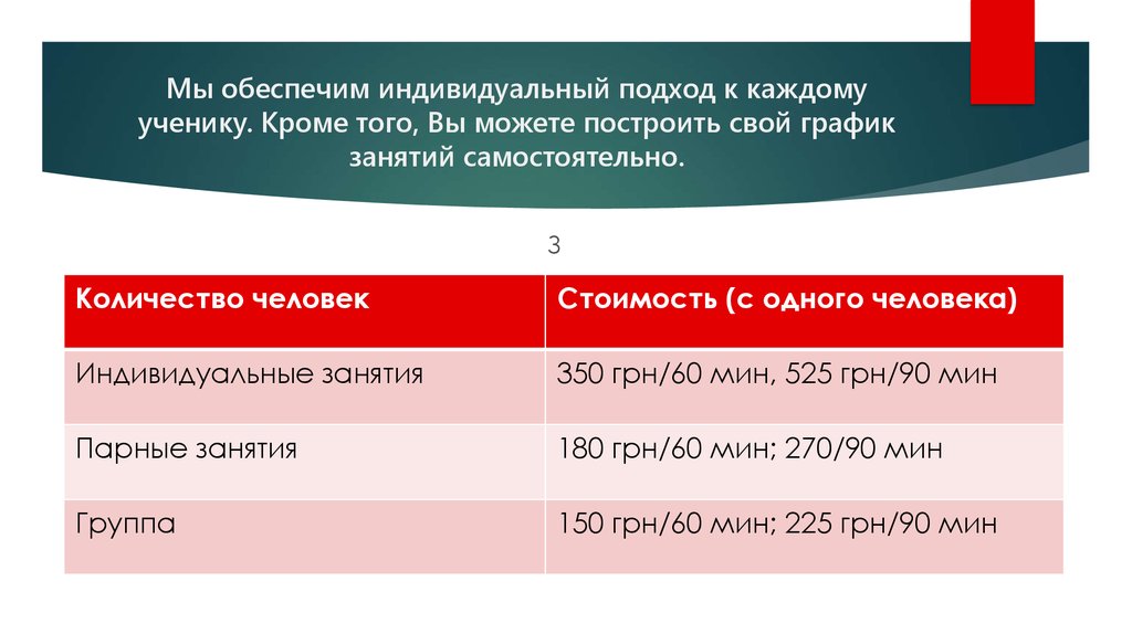 Мы обеспечим индивидуальный подход к каждому ученику. Кроме того, Вы можете построить свой график занятий самостоятельно.