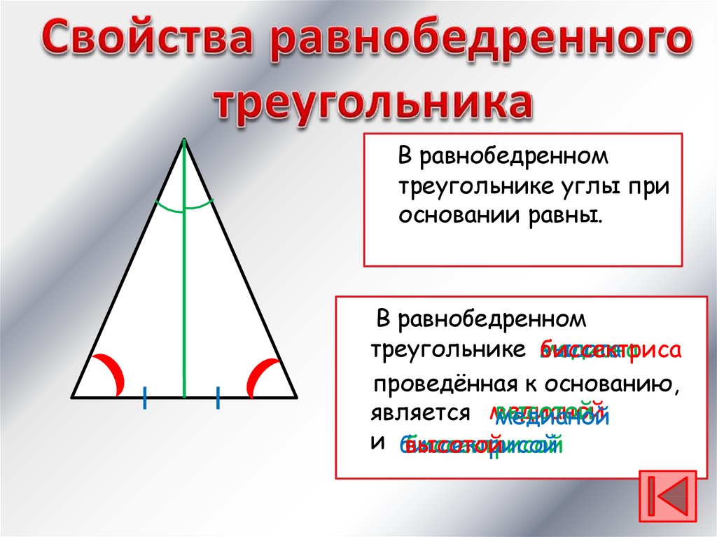 Почему углы при основании равны. Характеристики равнобедренного треугольника. Свойства равнобедренного треугольника. Св-ва равнобедренного треугольника. Параметры равнобедренного треугольника.