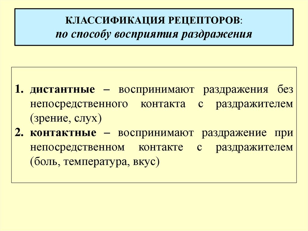 Раздражение рецепторов. По способу восприятия раздражения рецепторы подразделяются на. Классификация рецепторов по способу восприятия раздражения. Рецепторы по способу восприятия раздражения. Классификация рецепторов по способу восприятия.