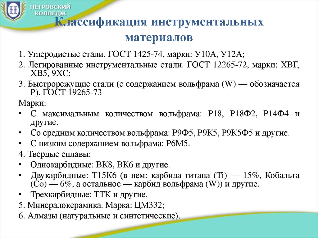 Классификация инструментальных материалов. Трехкарбидные Твердые сплавы. Классификация колледжа.