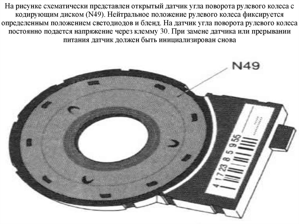 На рисунке схематически представлен открытый датчик угла поворота рулевого колеса с кодирующим диском (N49). Нейтральное
