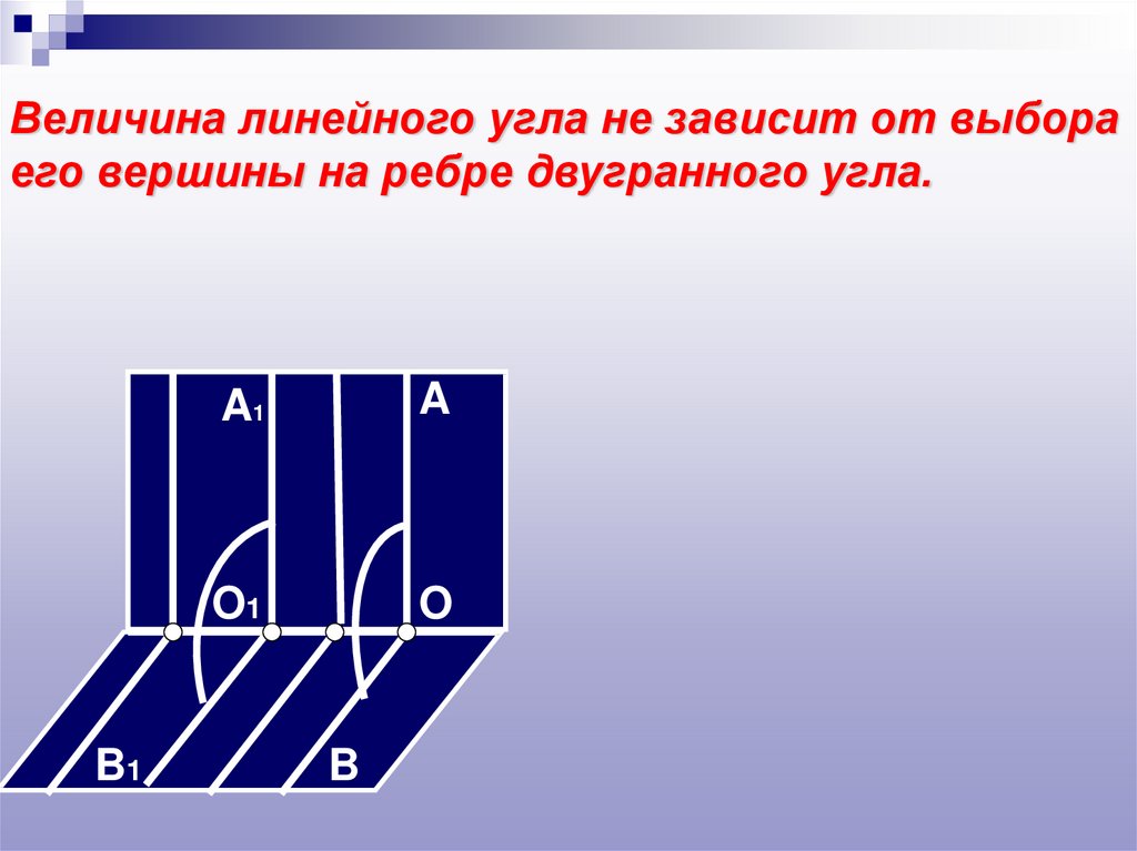 Линейная величина. Величина линейного угла не зависит от выбора его вершины. Величина двугранного угла. Величина двугранного угла не зависит от выбора его вершины на ребре. Линейный угол не зависит.