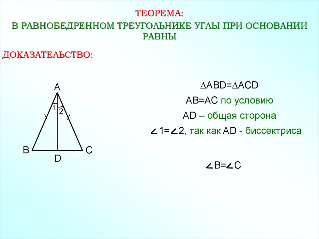 Почему углы при основании равны. Теорема о равенстве углов в равнобедренном треугольнике. Теорема равнобедренного треугольника 7 класс. 1 Теорема равнобедренного треугольника доказательство. Теорема о свойстве углов равнобедренного треугольника.